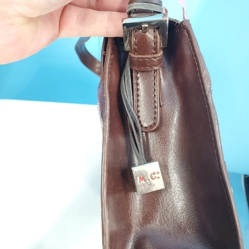 MC brown leather scrollwork embossed shoulder bag - Picture 13 of 16